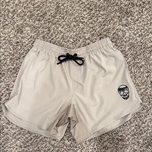 Men's Beige Athletic Shorts with Skull Logo - Performance Swim/Training